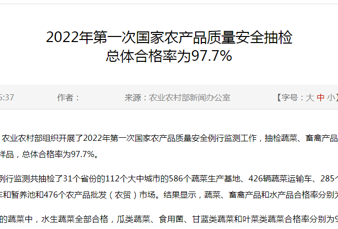 2022年第一次国家农产品质量安全例行监测合格率97.7%